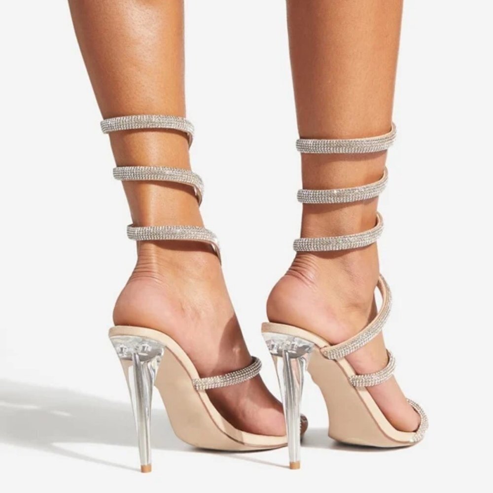 BOGO JUSTFAB KENZY SPIRALED SEXY STILETTOS HEELS SANDALS CLEAR BLING SZS 7.5 9